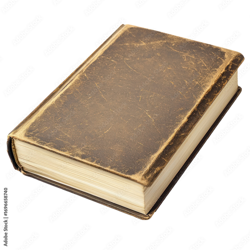Obraz premium A worn leather-bound book with a brown leather cover and yellowed pages.