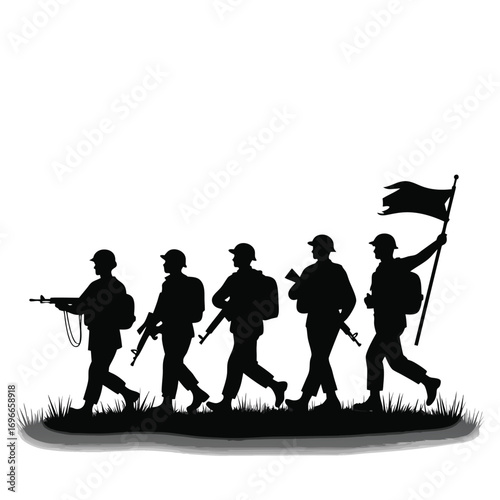 Silhouette of five soldiers marching with rifles and a flag