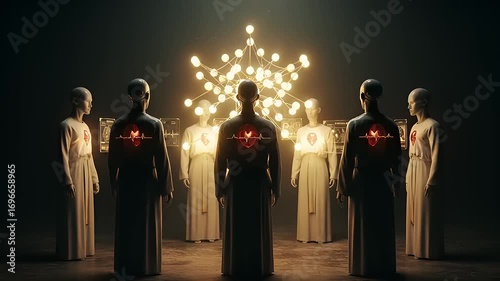 Surreal gathering of faceless figures illuminated by glowing lights, creating an otherworldly atmosphere