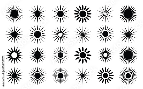 Vector art of collection of sunburst silhouettes, showcasing various styles and designs, perfect for adding a radiant and energetic touch to any project