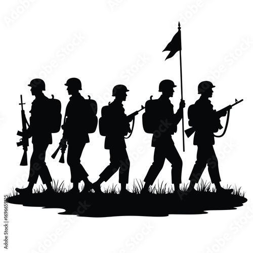 Silhouette of five soldiers marching with rifles and a flag