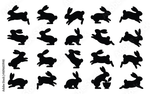 Vector art of set of rabbit silhouettes, showcasing various poses and actions, perfect for easter designs, childrens illustrations, and animalthemed projects