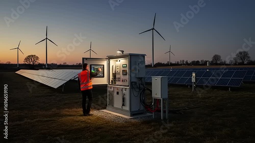 Technician monitoring solar energy control panel at sunset with wind turbines and solar panels in background