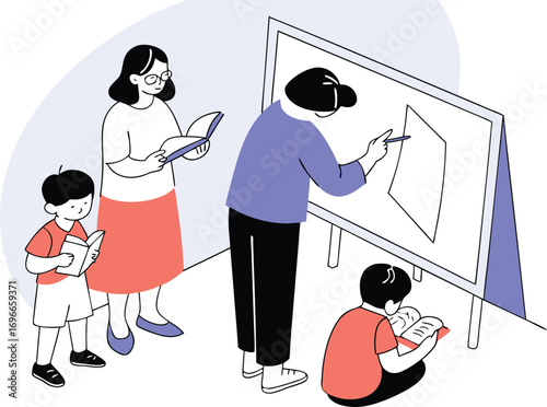 Isometric classroom illustration with teacher and students drawing on whiteboard white background