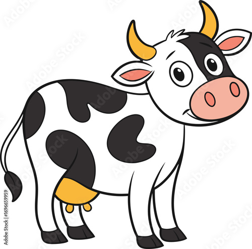 Vector art of cute cartoon cow with black and white spots, standing and looking to the side