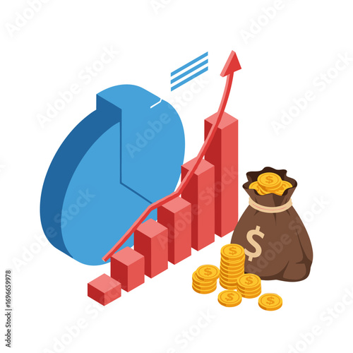 Financial growth charts and increasing investment returns with coin piles and money bag illustration