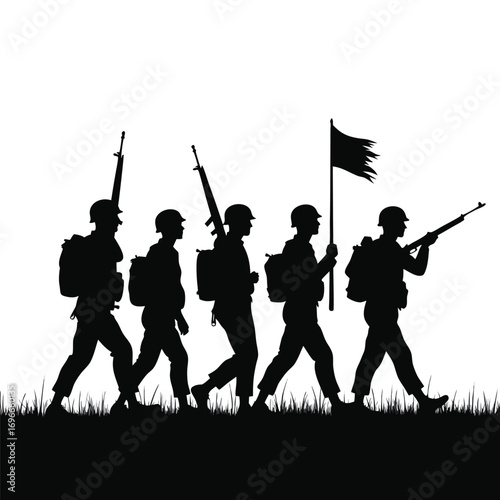 Silhouette of five soldiers marching with rifles and a flag