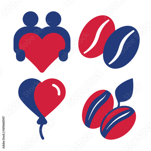 Two couples heart symbol coffee beans with leaves love