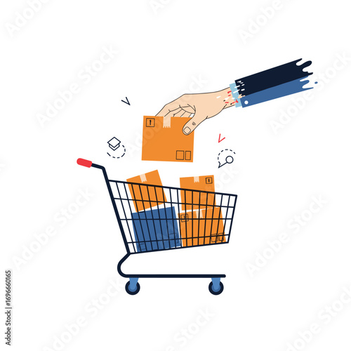 Hand placing package into shopping cart full of goods for online retail and delivery services