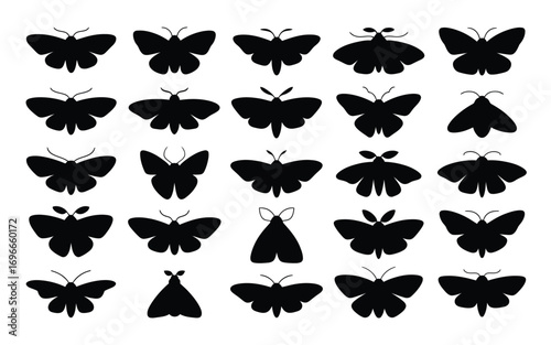 Vector art of a captivating collection of moth silhouettes, each meticulously crafted to showcase the unique beauty and diversity of these nocturnal creatures