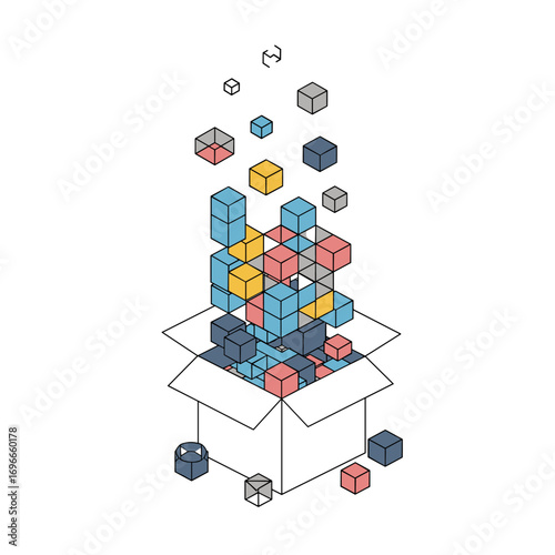 Assembling abstract geometric cubes pouring out of an open cardboard box concept illustration