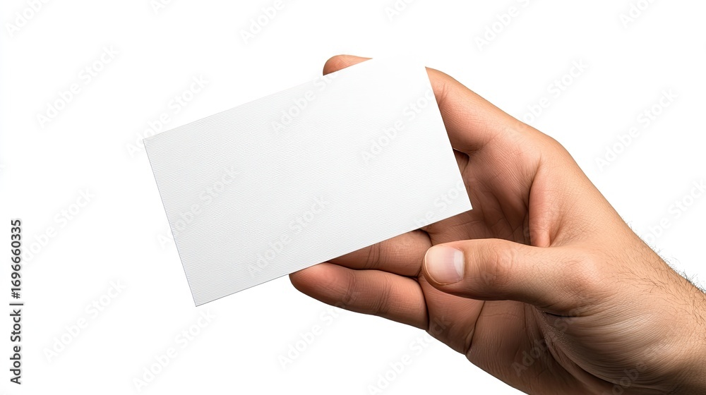 Fototapeta premium Hand holding blank white card on white background