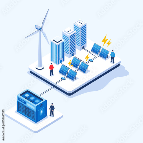 Modern city powered by renewable energy sources and advanced battery storage solutions