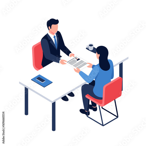 Job interview process with two people discussing documents at a desk