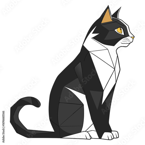 Vector art of stylized geometric black and white tuxedo cat sitting profile