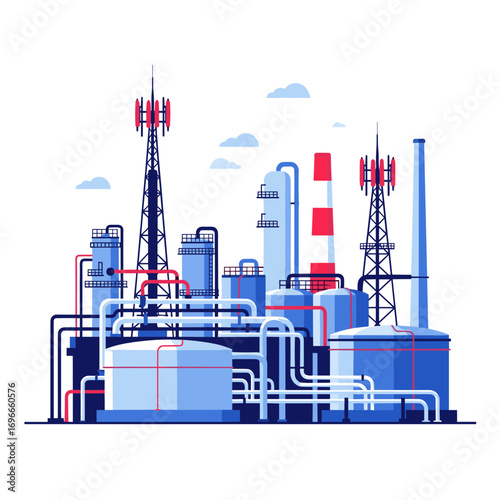 Industrial chemical plant with communication towers and complex pipe systems under a cloudy sky