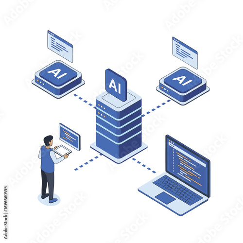 Modern artificial intelligence systems architecture connecting servers laptops and developers seamlessly for innovation