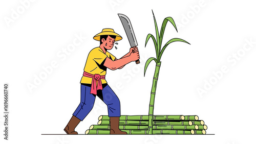 Harvesting the Sweet Harvest: A dedicated field worker, fueled by unwavering determination, brings down his machete upon the sturdy stalks of sugarcane, securing a bountiful yield of the sweet crop.