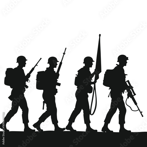 Silhouette of four soldiers in formation with rifles and a flag
