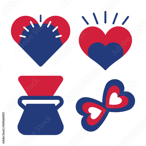 Four abstract red blue heart shapes a coffee pour over love