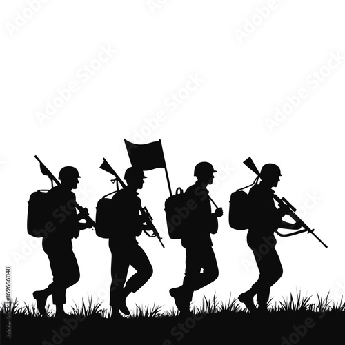Silhouette of four soldiers marching with rifles and a flag Keywords: soldier, military