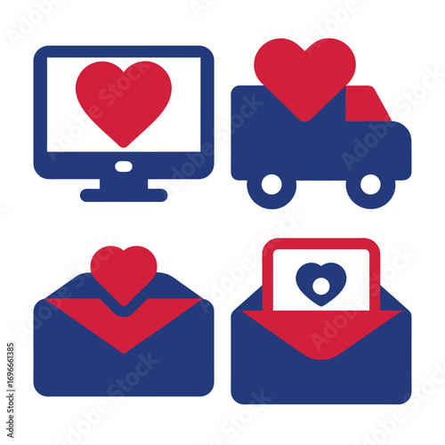 Four blue red heart icons computer truck envelopes love monitor