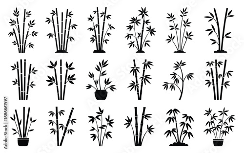 Vector art of collection of bamboo icons set of black silhouette plant symbols vector illustration of asian tree, forest, nature, zen, japan, and oriental