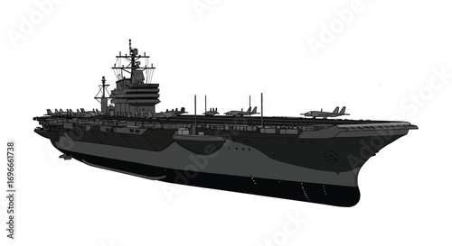 a large navy ship with fighter jets parked on deck
