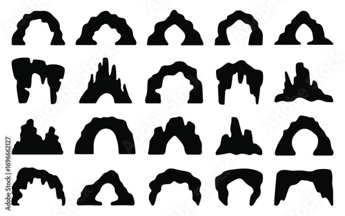 Vector art of set of cave arch silhouette collection of natural rock formation with hole vector illustration of mountain tunnel black and white graphic design element
