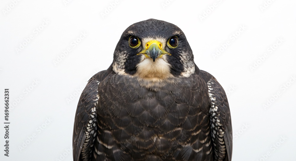 Fototapeta premium HalcÔøΩn peregrino mira fijamente luz suave fondo blanco plumaje oscuro. AI Generated