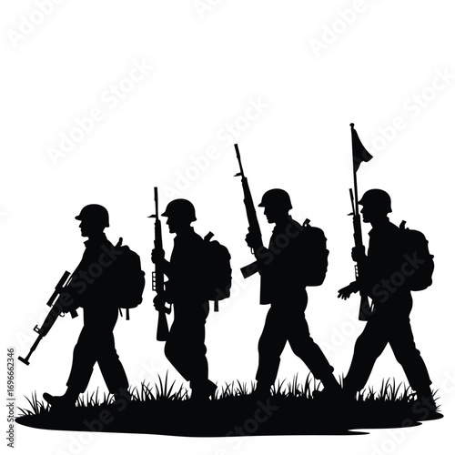 Silhouette of four soldiers marching with rifles and backpacks Keywords: soldier, military