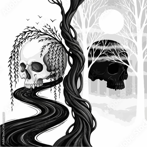 Mysterious Skulls and Twisted Trees Black and White Art