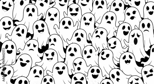 Black and White Cartoon Ghost Pattern for Halloween Background