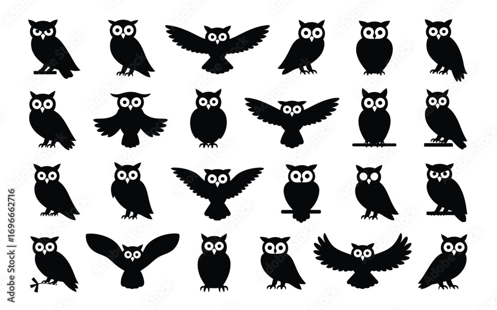 Fototapeta premium Vector art of collection of owl silhouettes set of different owl poses, standing, flying, sitting vector illustration of nocturnal birds in various positions