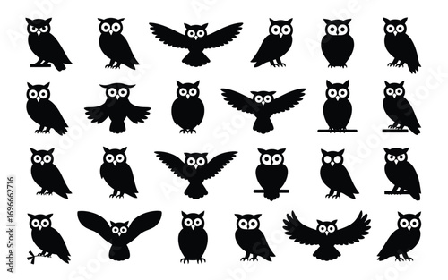 Vector art of collection of owl silhouettes set of different owl poses, standing, flying, sitting vector illustration of nocturnal birds in various positions