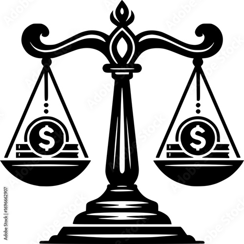 Balance of Finance: A conceptual illustration of a financial scale in perfect equilibrium, the scales holding stacks of dollar coins, depicting the concept of monetary balance, economic justice.