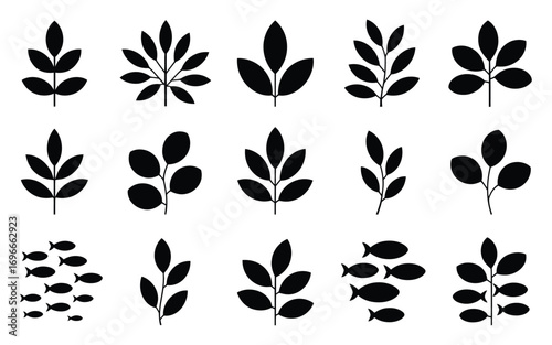 Vector art of collection of diverse leaf and fish silhouettes, showcasing various shapes and arrangements for natureinspired designs and artistic compositions