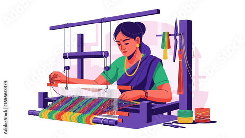 Artisan's Craft: A skilled artisan skillfully weaving a vibrant textile on a traditional loom, their focused expression and meticulous hand movements exemplify the beauty of textile weaving