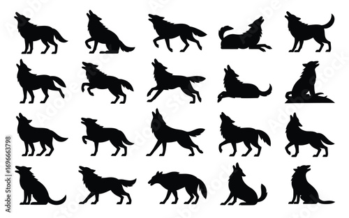 Vector art of a collection of howling wolf silhouettes, capturing the essence of wilderness, pack dynamics, and the call of the wild in a stark, graphic style