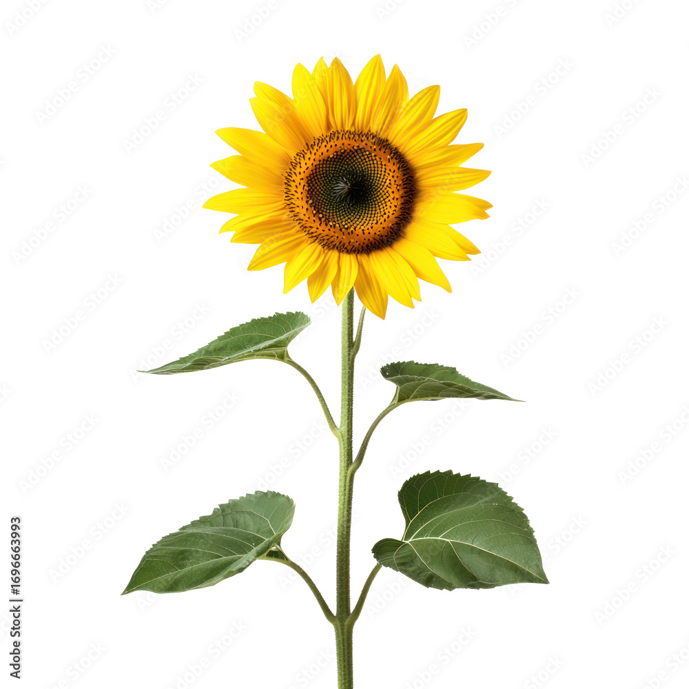 Fototapeta premium A single sunflower with green leaves against a transparent background