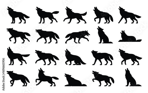 Vector art of collection of wolf silhouettes, depicting various poses of howling, standing, and walking wolves in a simple yet elegant design for wildlife enthusiasts