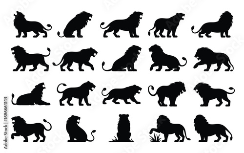 Vector art of a striking array of lion silhouettes, each posture embodying the regal presence of the wild beast, these vector illustrations highlight the lions grace
