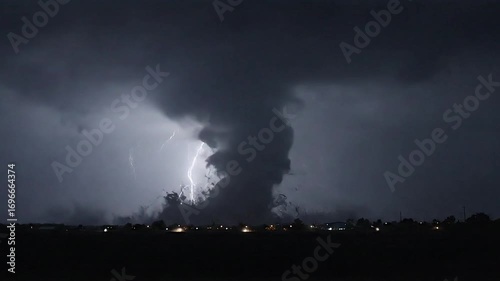 Dark tornado background with stormy weather and lightning in the night sky