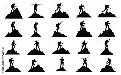 Vector art of a collection of silhouette images showcasing a person climbing a mountain, , depicting determination, adventure, and the pursuit of goals in nature