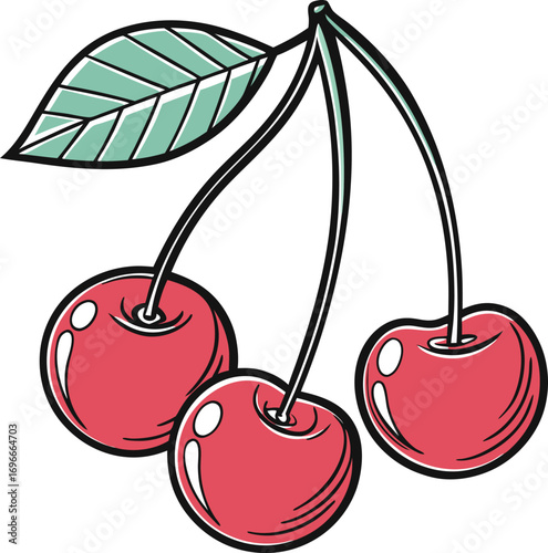 Vector art of a cluster of three ripe red cherries with a green leaf and stems, isolated on a