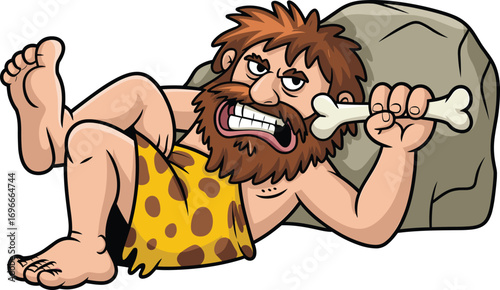Cartoon caveman reclining with bone and rock, prehistoric character illustration, rugged expression design, humorous early human art, educational asset for history or storytelling