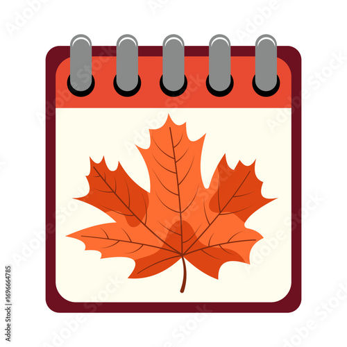 Autumn Calendar Icon with Maple Leaf. Vector illustration. A calendar page featuring a bright orange maple leaf, symbolizing the autumn season.