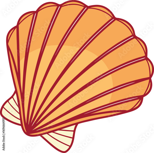Vector art of a vibrant orange scallop seashell with red outlines, isolated on a, perfect for summer and beach themes