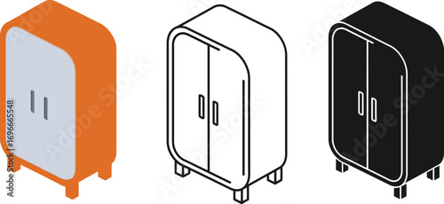 Three isometric illustrations of a rounded cabinet in orange, outline, and black