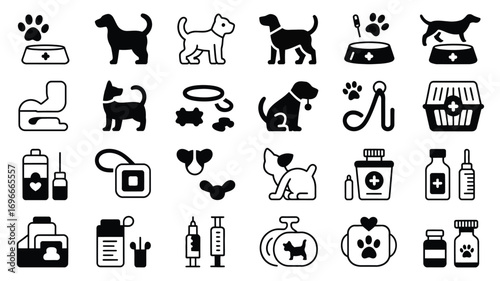 Vector art of a diverse set of black and white vector icons representing various aspects of dog care, including feeding, grooming, health, and accessories